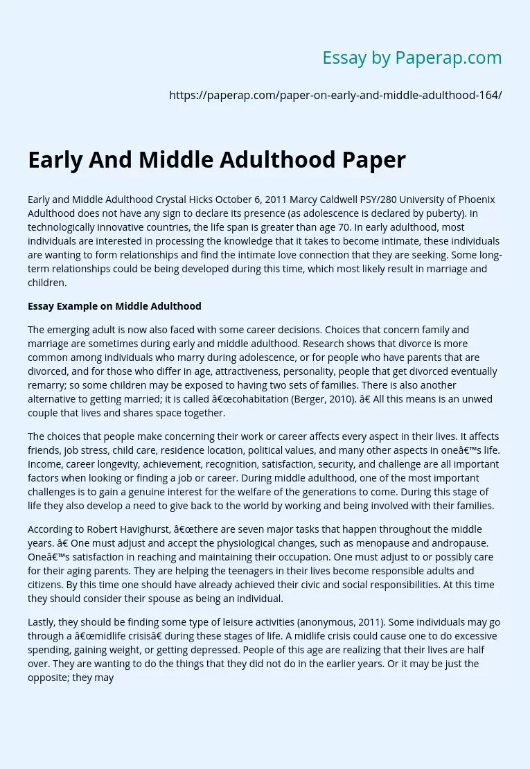 Early And Middle Adulthood Paper