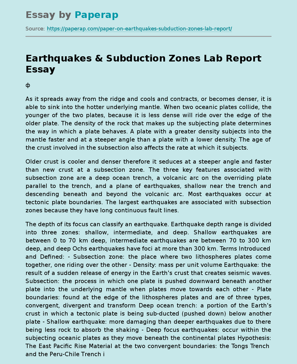 Earthquakes & Subduction Zones Lab Report