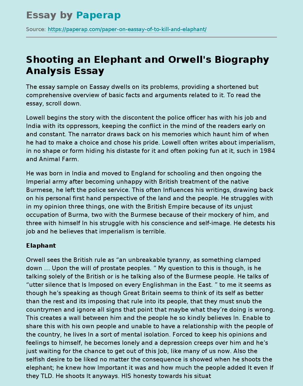 "Shooting an Elephant" and Orwell's Biography