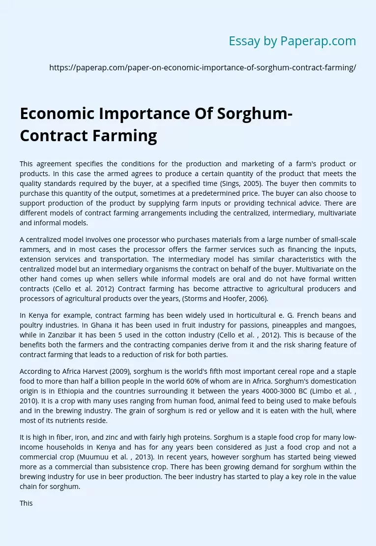 Economic Importance Of Sorghum-Contract Farming