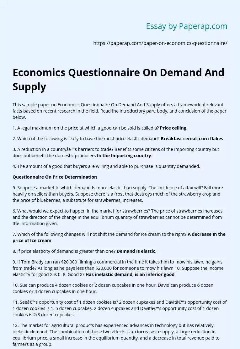Economics Questionnaire On Demand And Supply