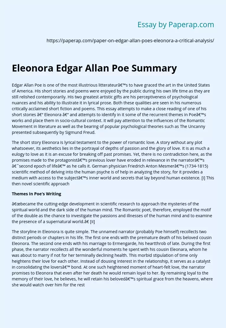 Eleonora Edgar Allan Poe Summary