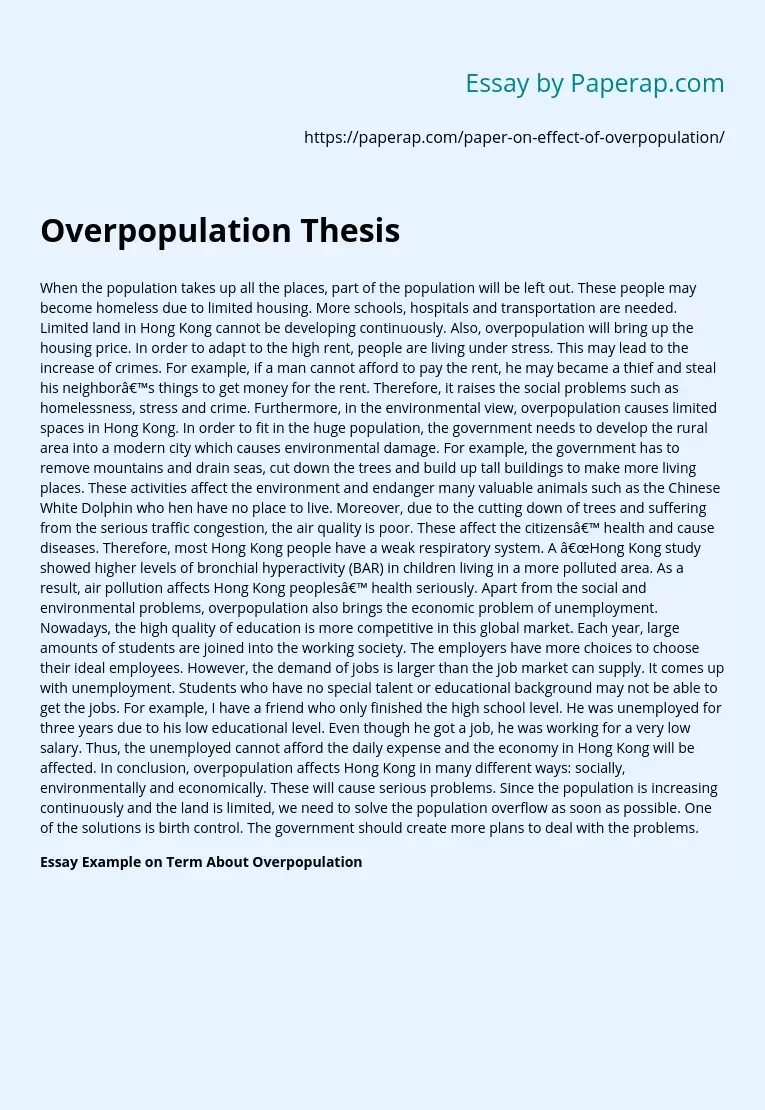 Overpopulation Issues in Hong Kong Thesis