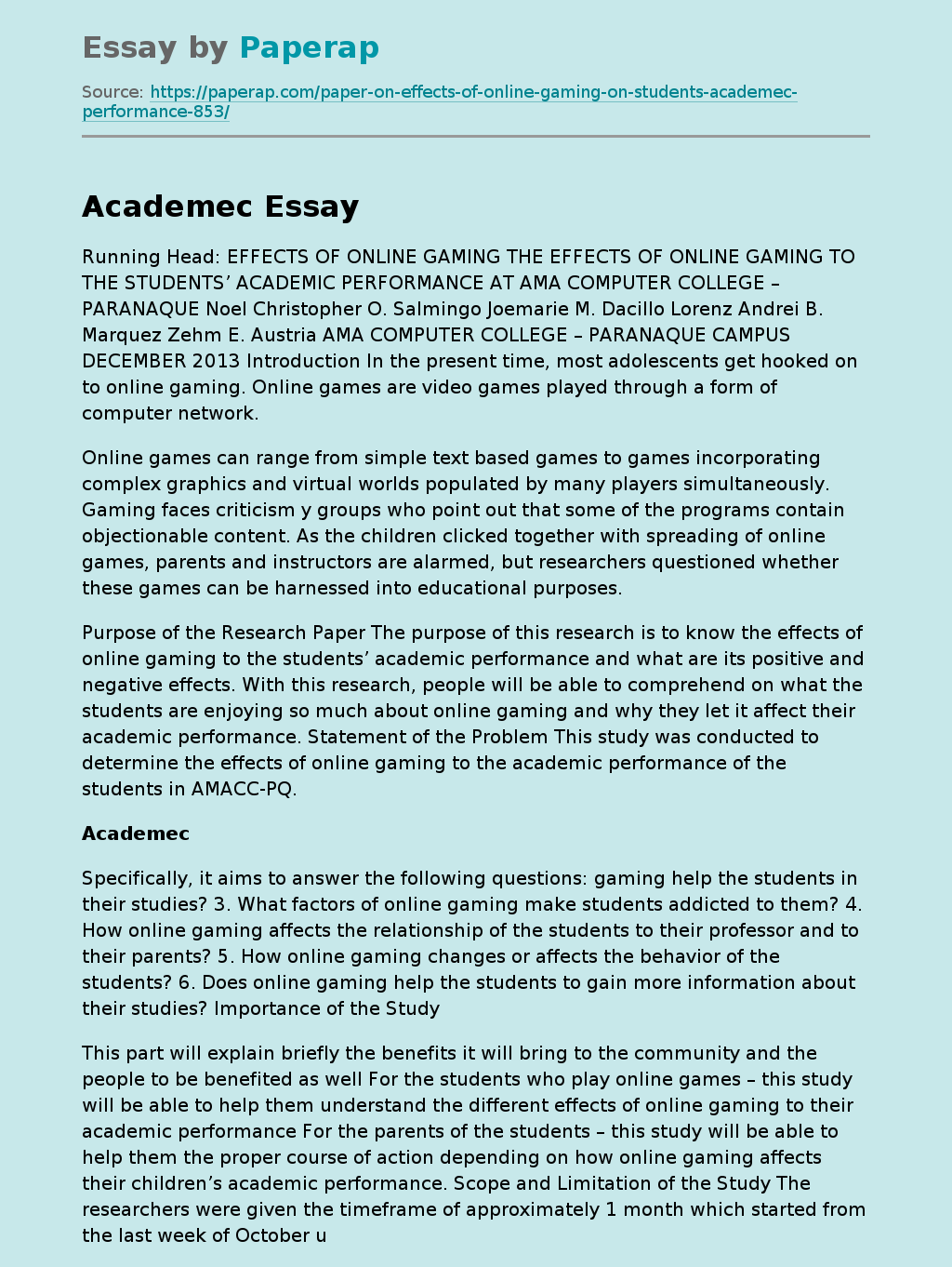 Effects of Online Gaming on Students Academec Performance