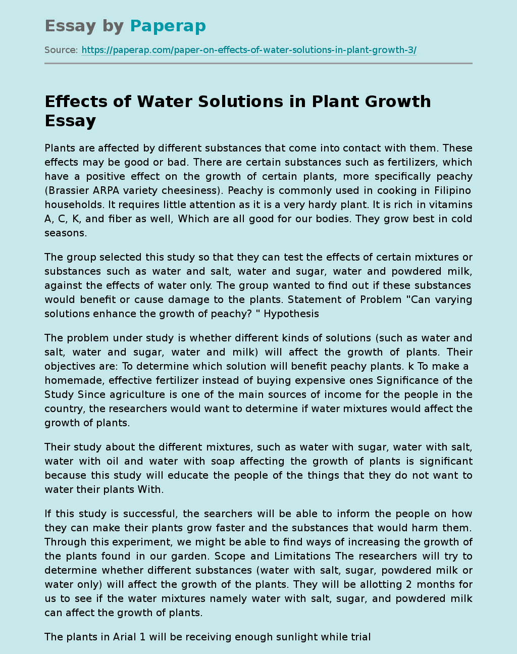 Effects of Water Solutions in Plant Growth