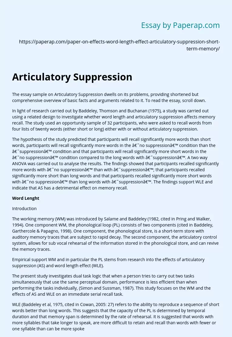 Essay Sample on Articulatory Suppression