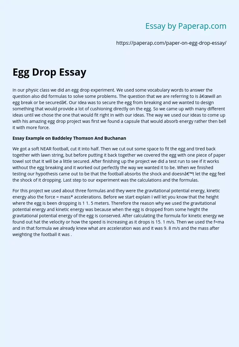Egg Drop Physical Experiment Essay
