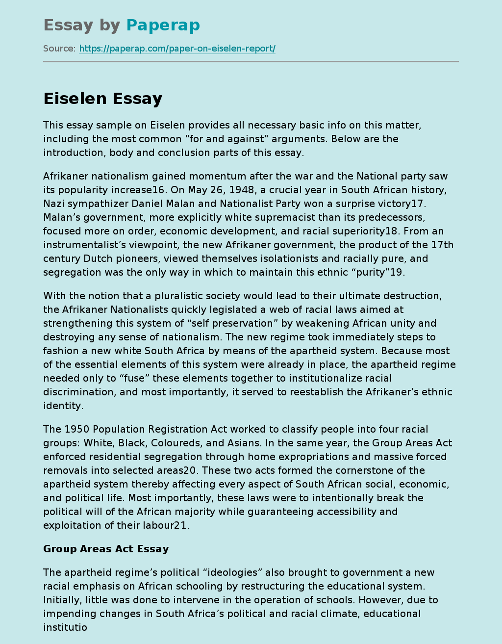 Eiselen: Basic Info and Arguments