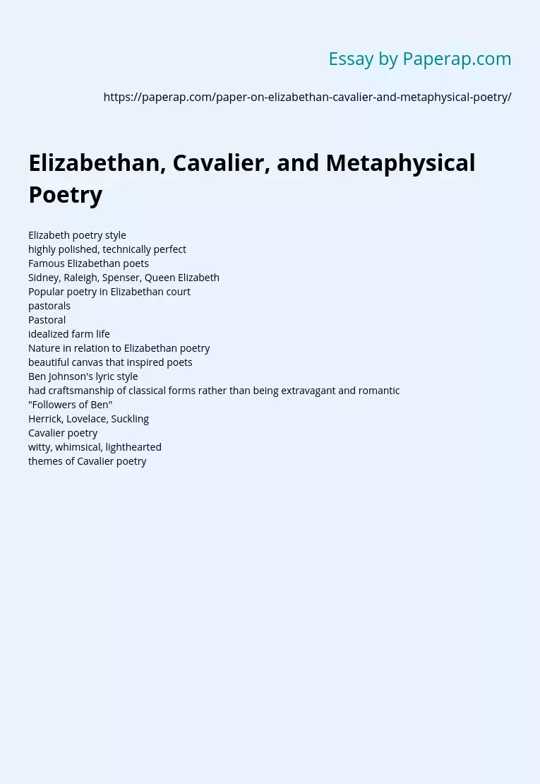 Elizabethan, Cavalier, and Metaphysical Poetry