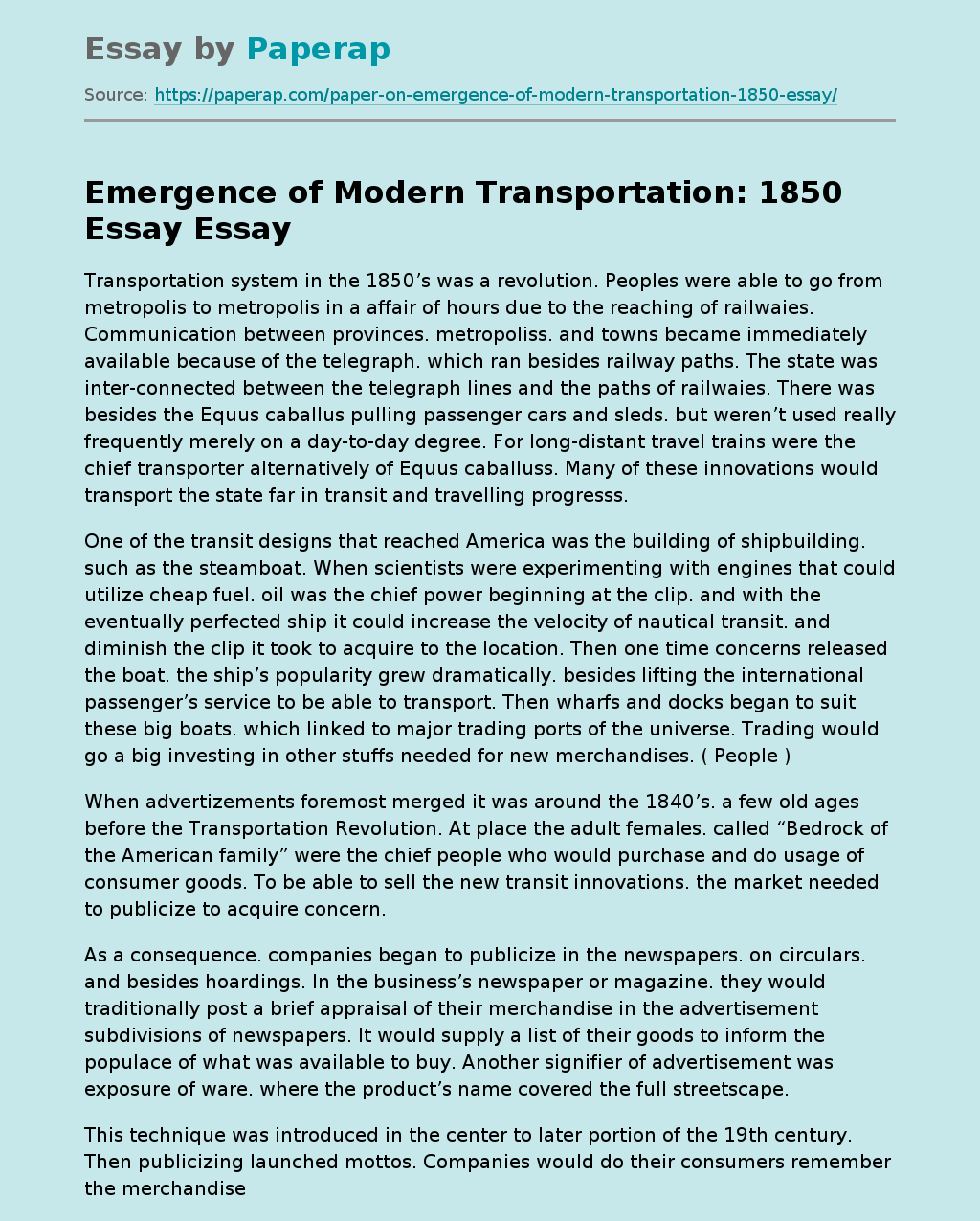 Emergence of Modern Transportation: 1850 Essay