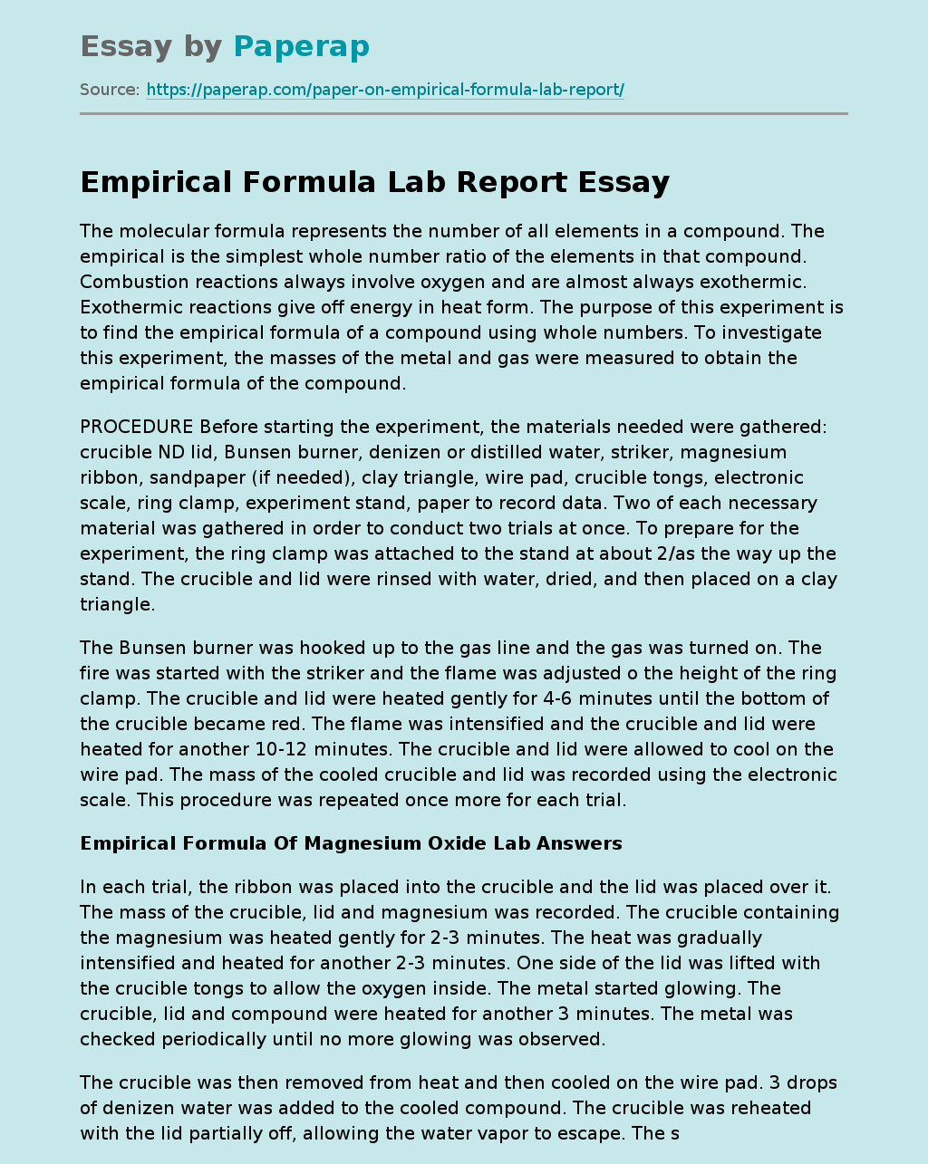 Empirical Formula Lab Report