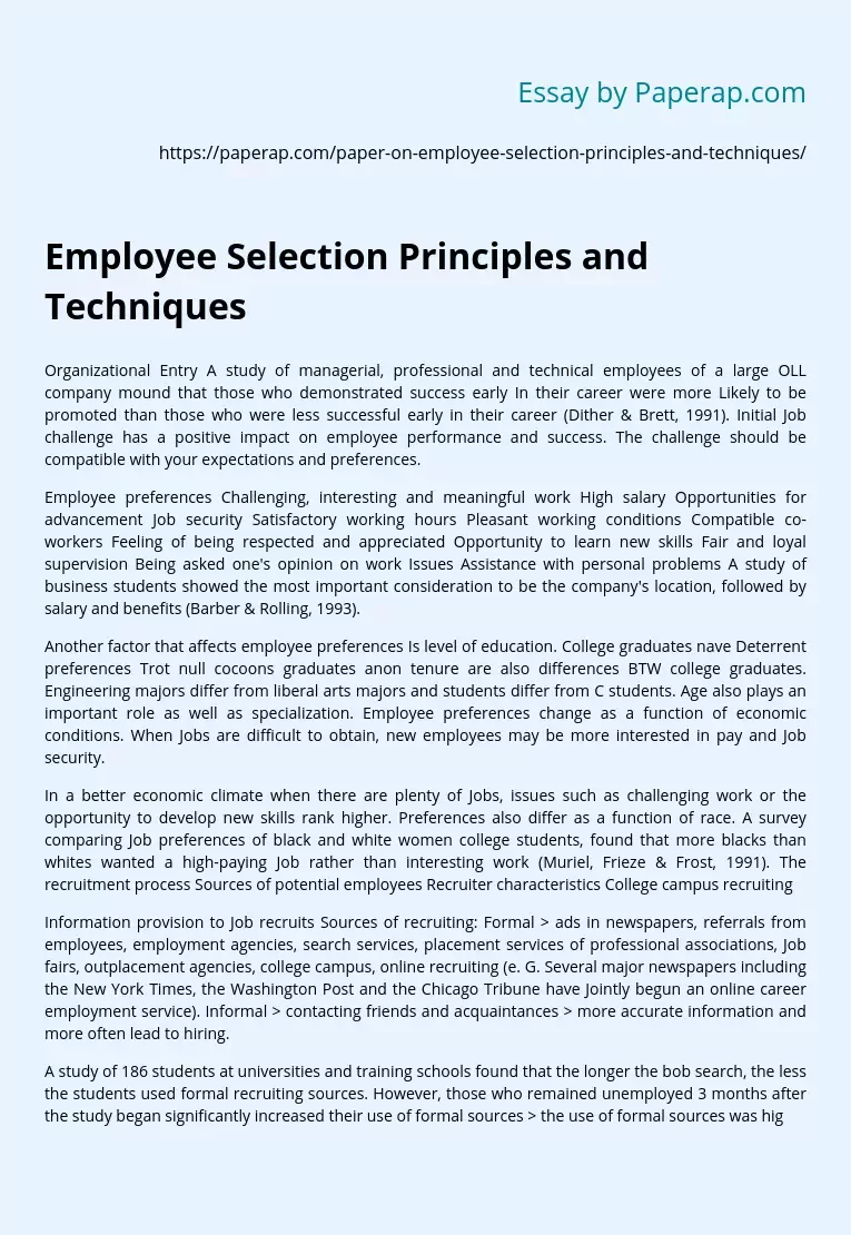 Employee Selection Principles and Techniques