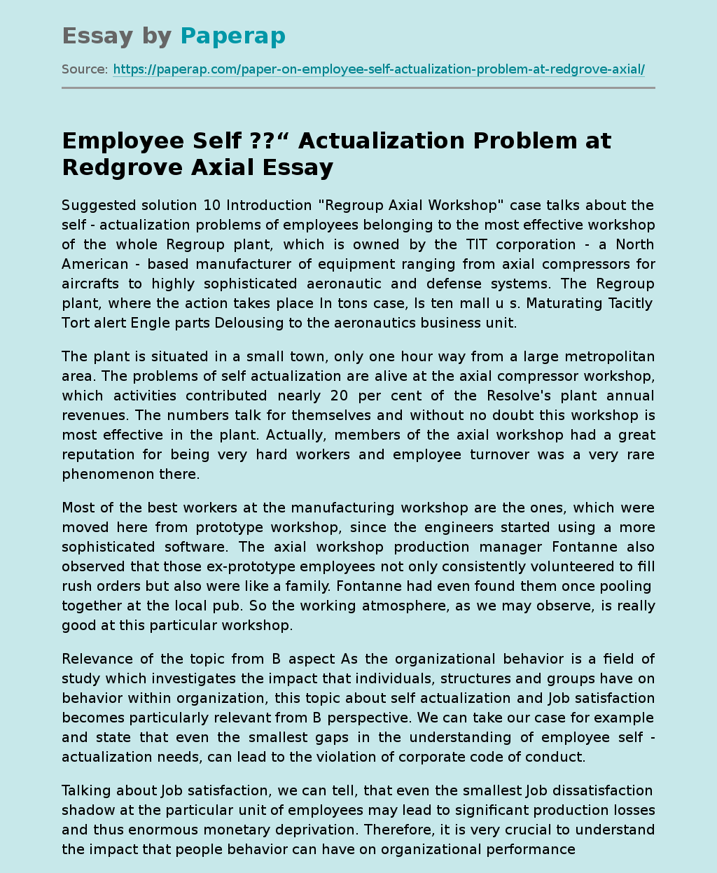 Employee Self ??“ Actualization Problem at Redgrove Axial