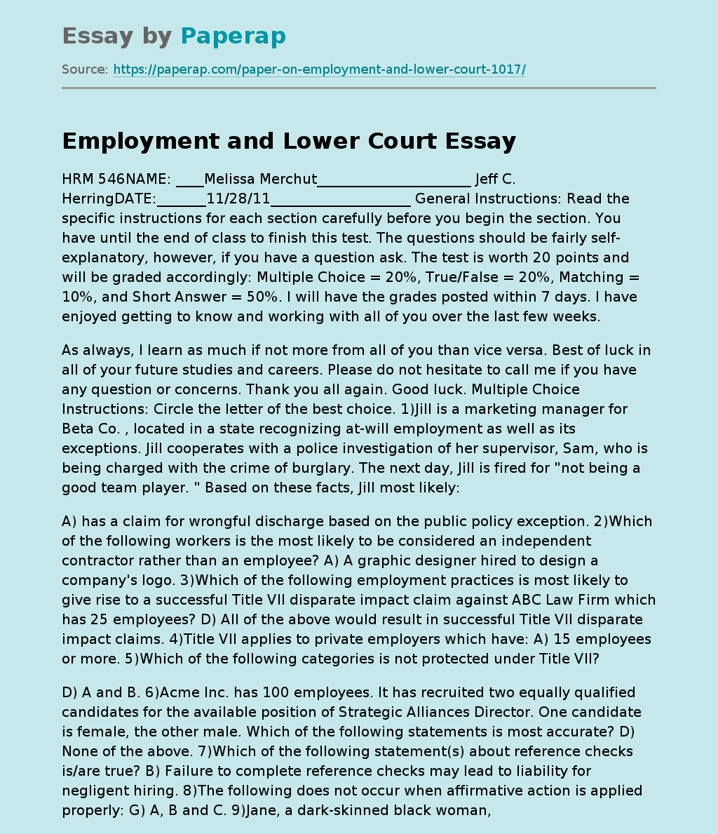 Employment and Lower Court