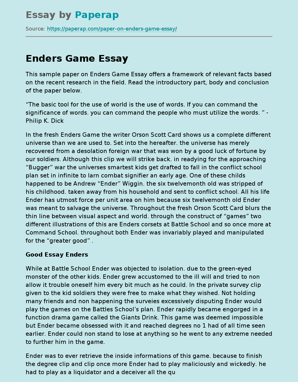 Enders Game: A Framework of Relevant Facts