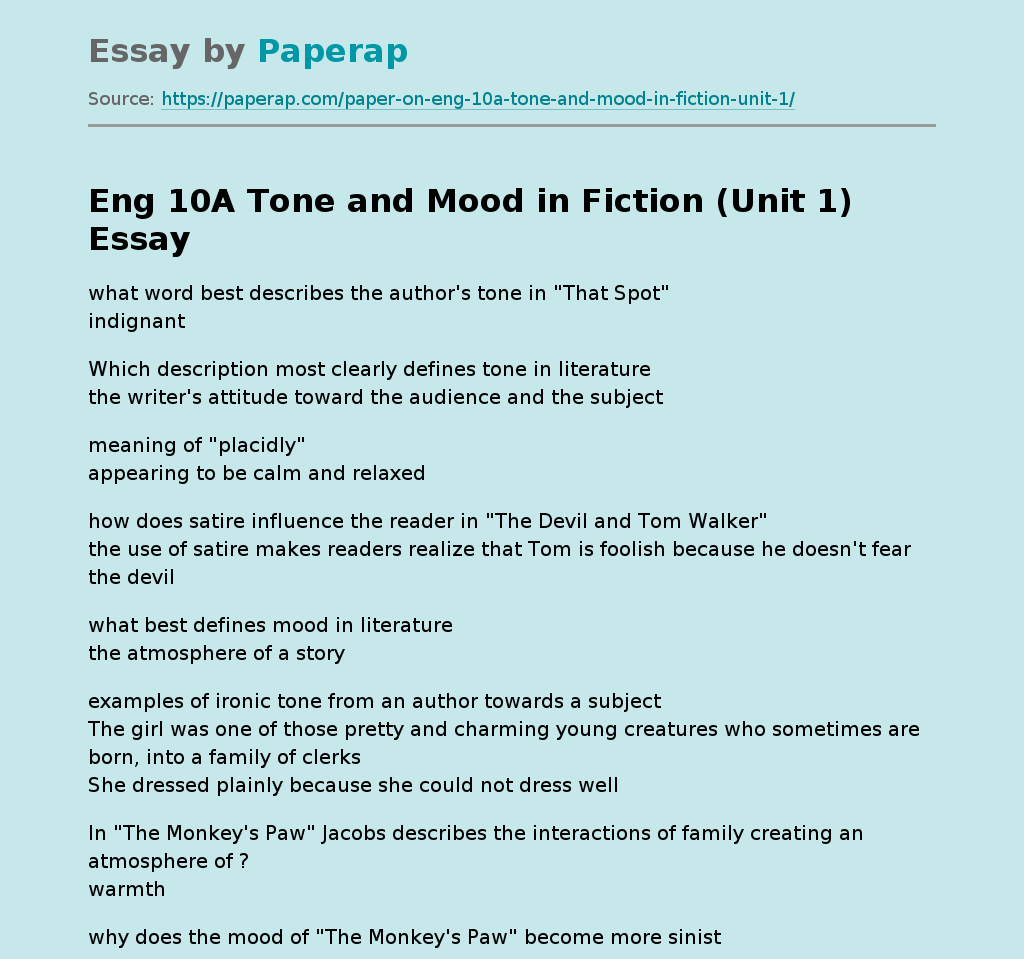 Eng 10A Tone and Mood in Fiction (Unit 1)