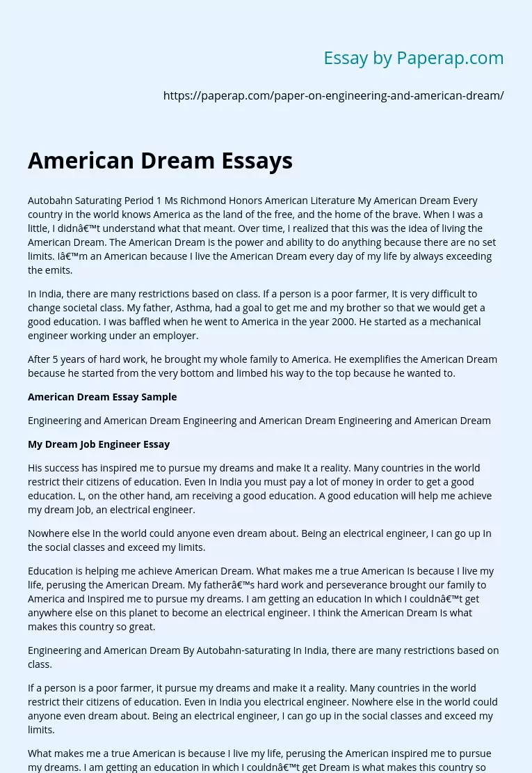 American Dream Essays Free Essay Example