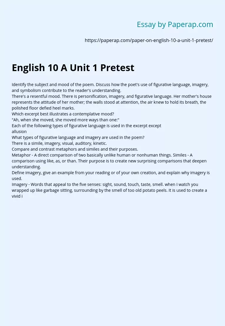 English 10 A Unit 1 Pretest