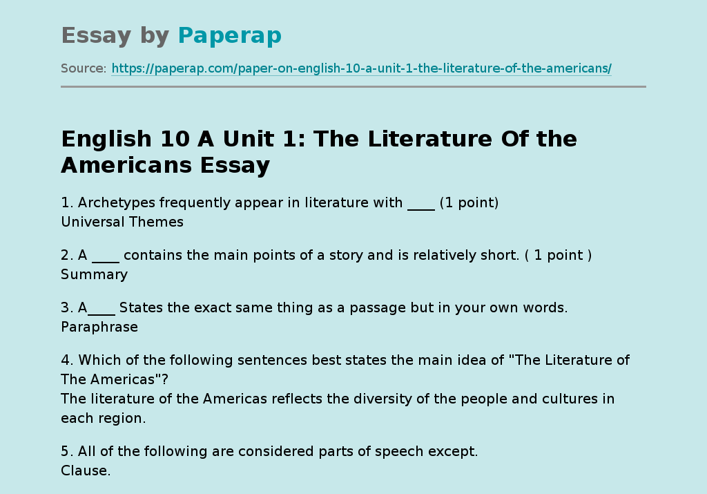English 10 A Unit 1: The Literature Of the Americans