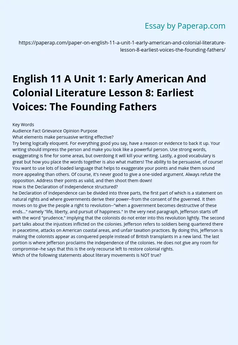 English 11 A Unit 1: Early American And Colonial Literature Lesson 8
