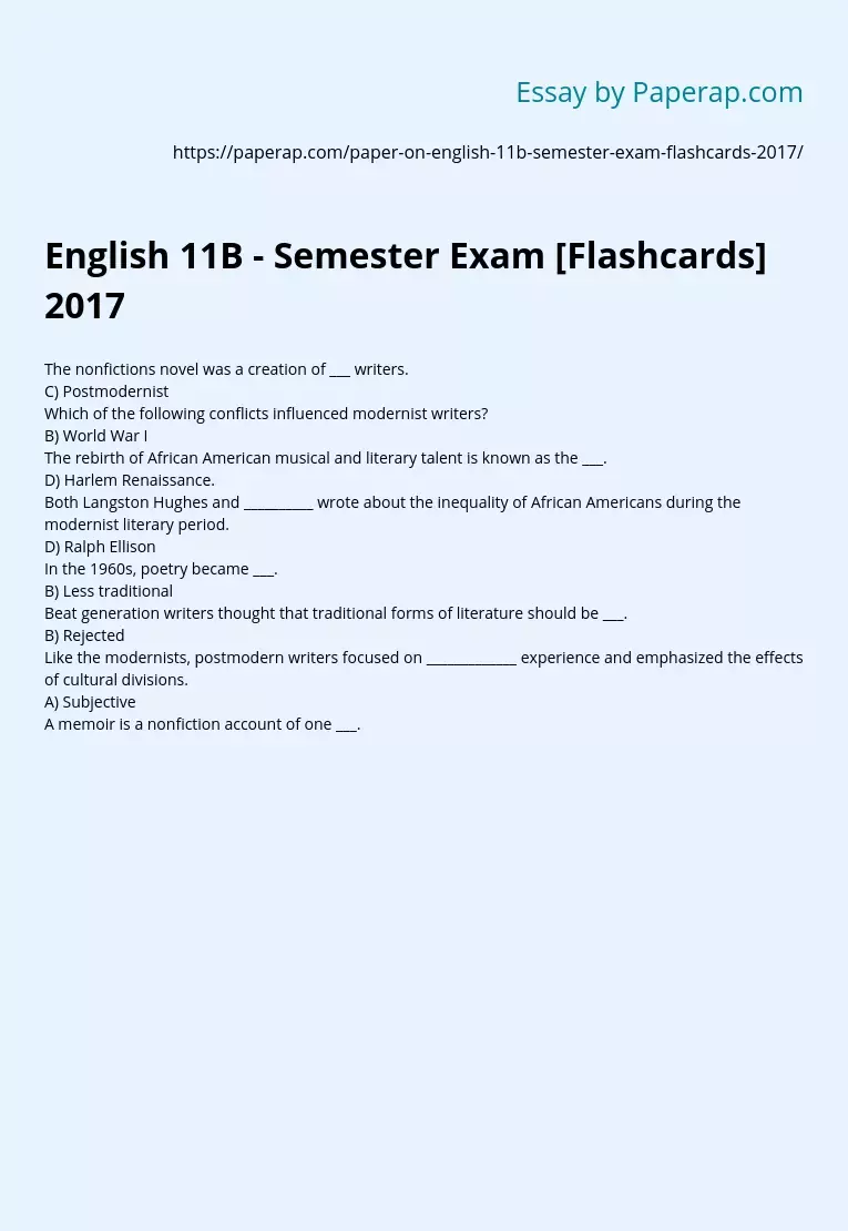 English 11B - Semester Exam [Flashcards] 2017