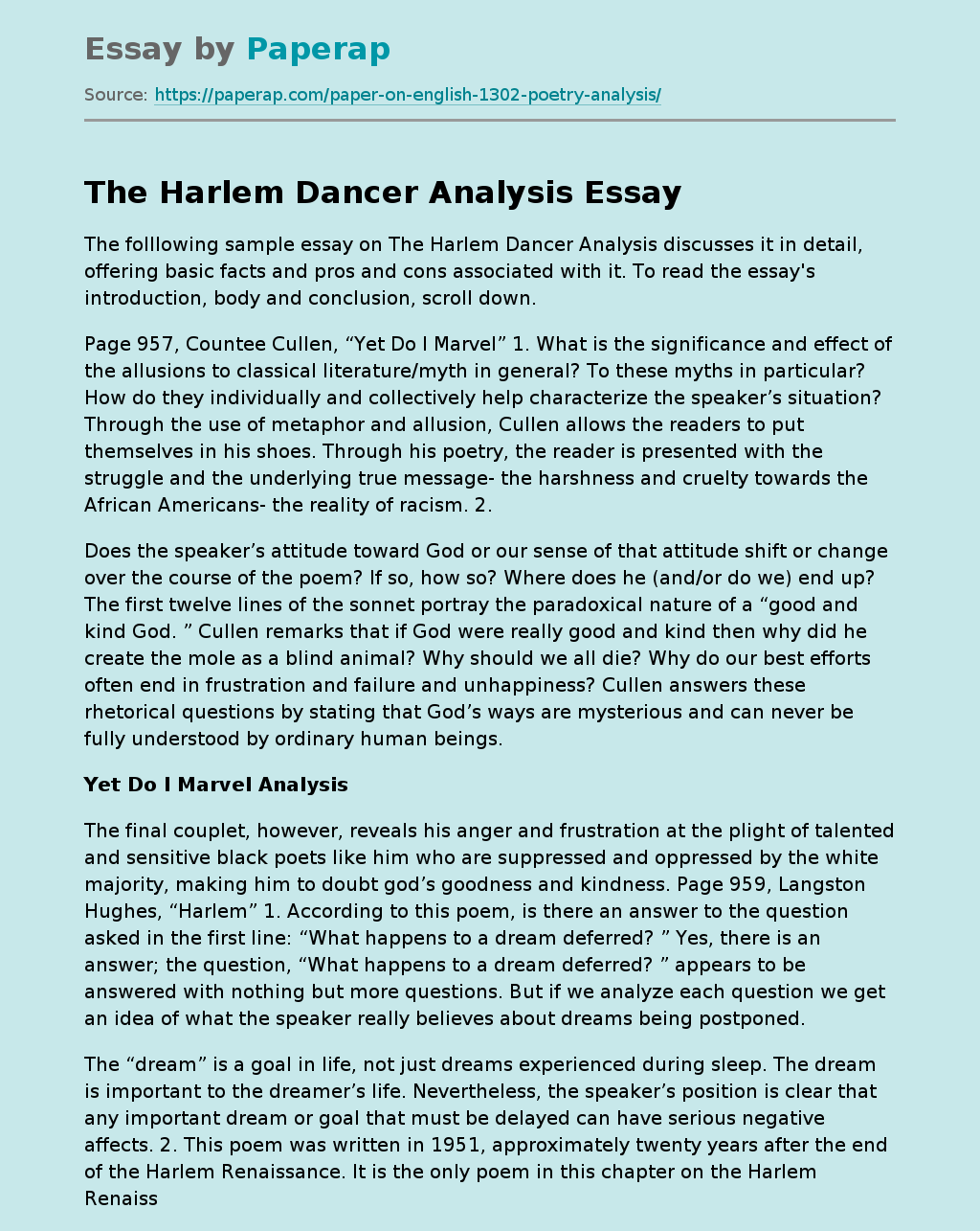 The Harlem Dancer Analysis