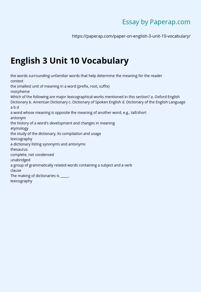 English 3 Unit 10 Vocabulary