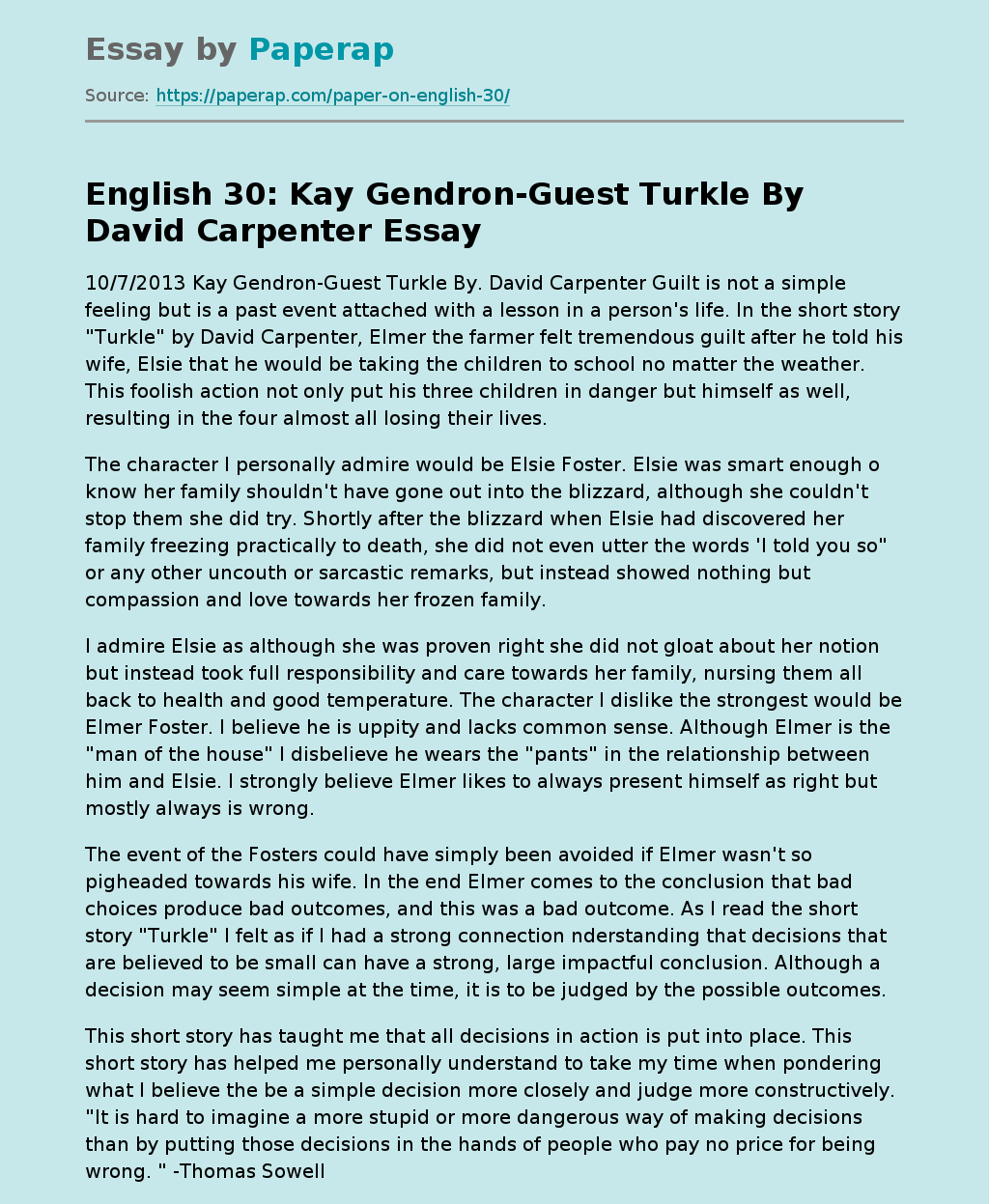 English 30: Kay Gendron-Guest Turkle By David Carpenter