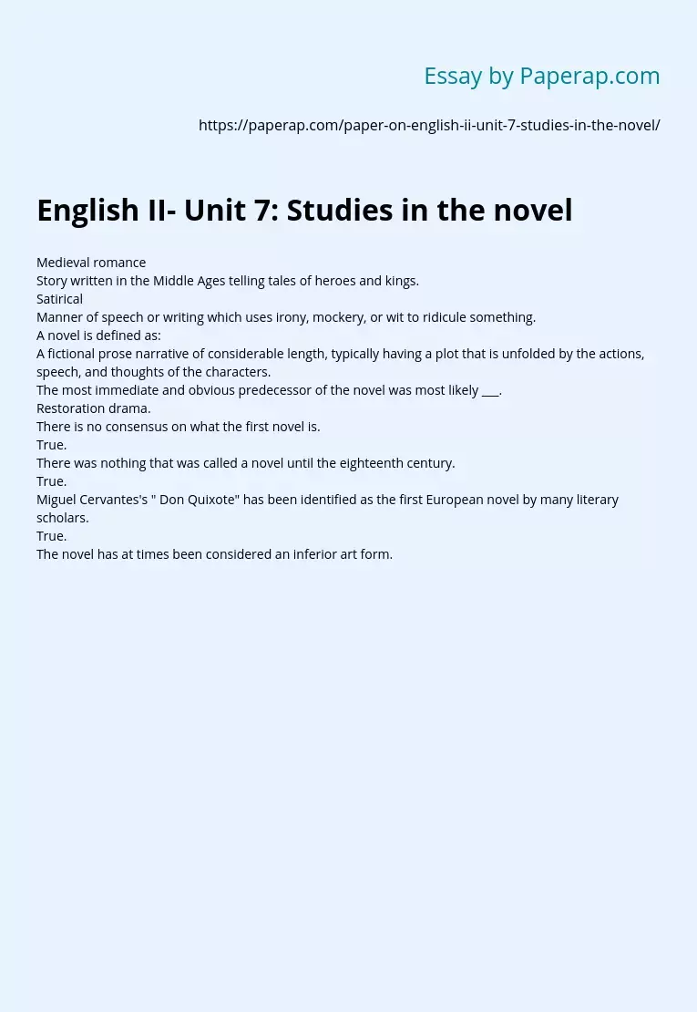 English II- Unit 7: Studies in the novel