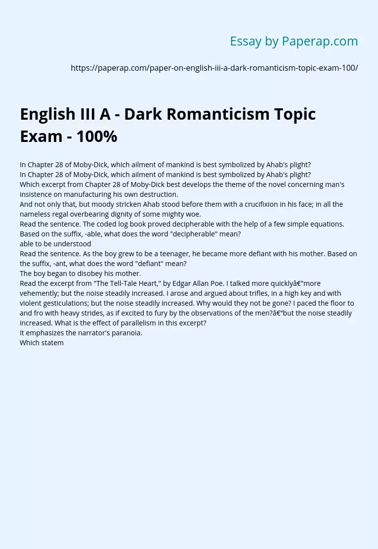 English III A - Dark Romanticism Topic Exam - 100%