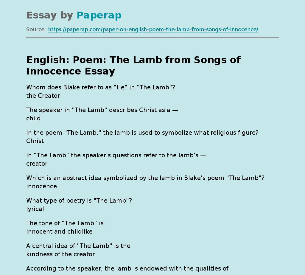 English: Poem: The Lamb from Songs of Innocence