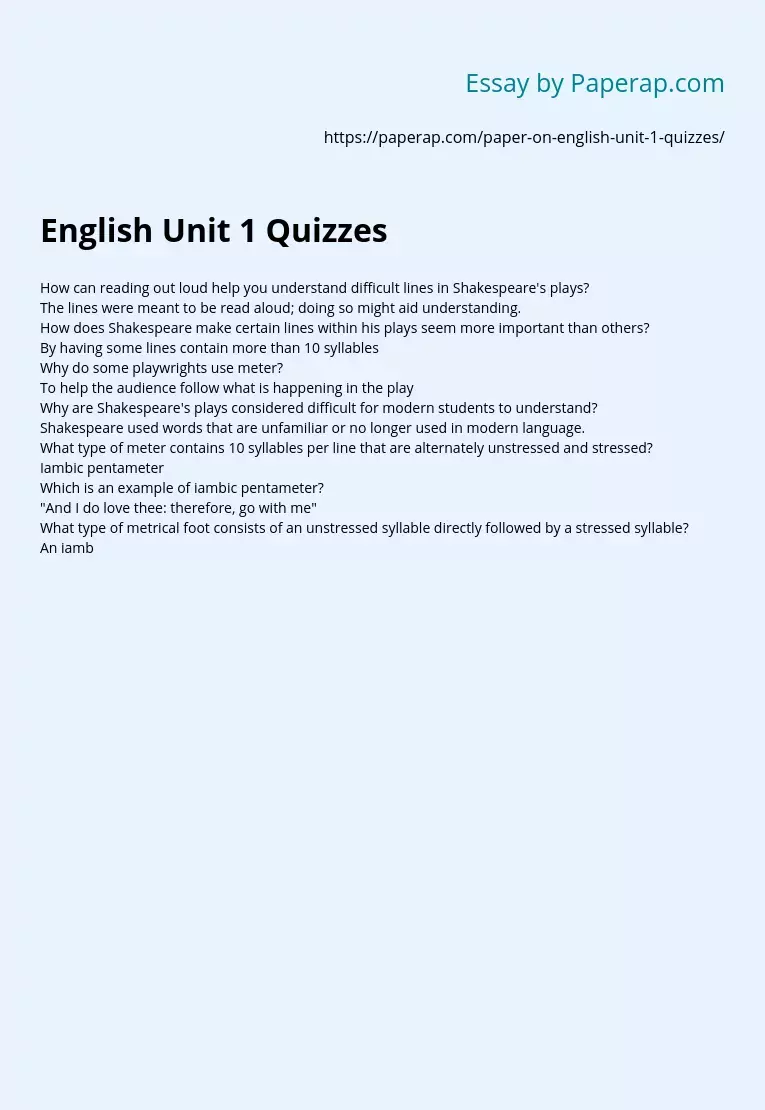 English Unit 1 Quizzes