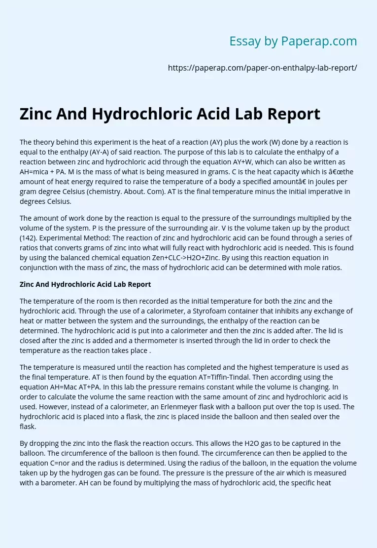 Zinc And Hydrochloric Acid Lab Report