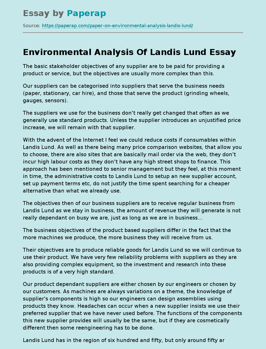 Environmental Analysis Of Landis Lund