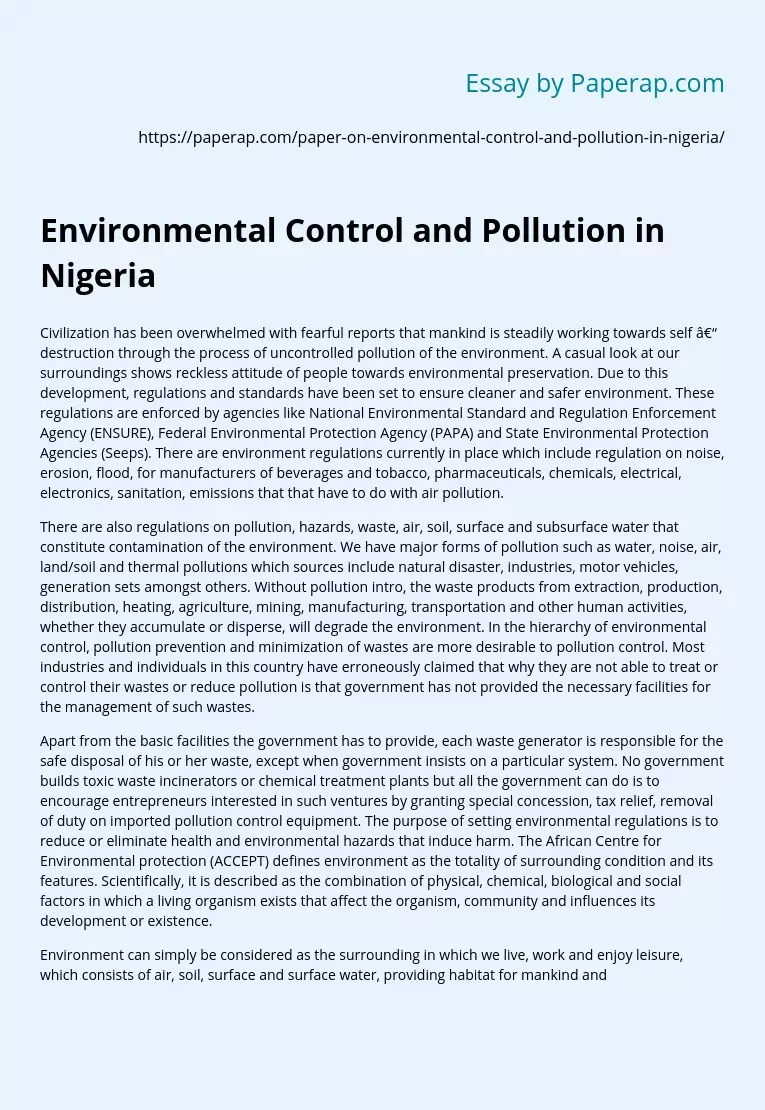 Environmental Control and Pollution in Nigeria