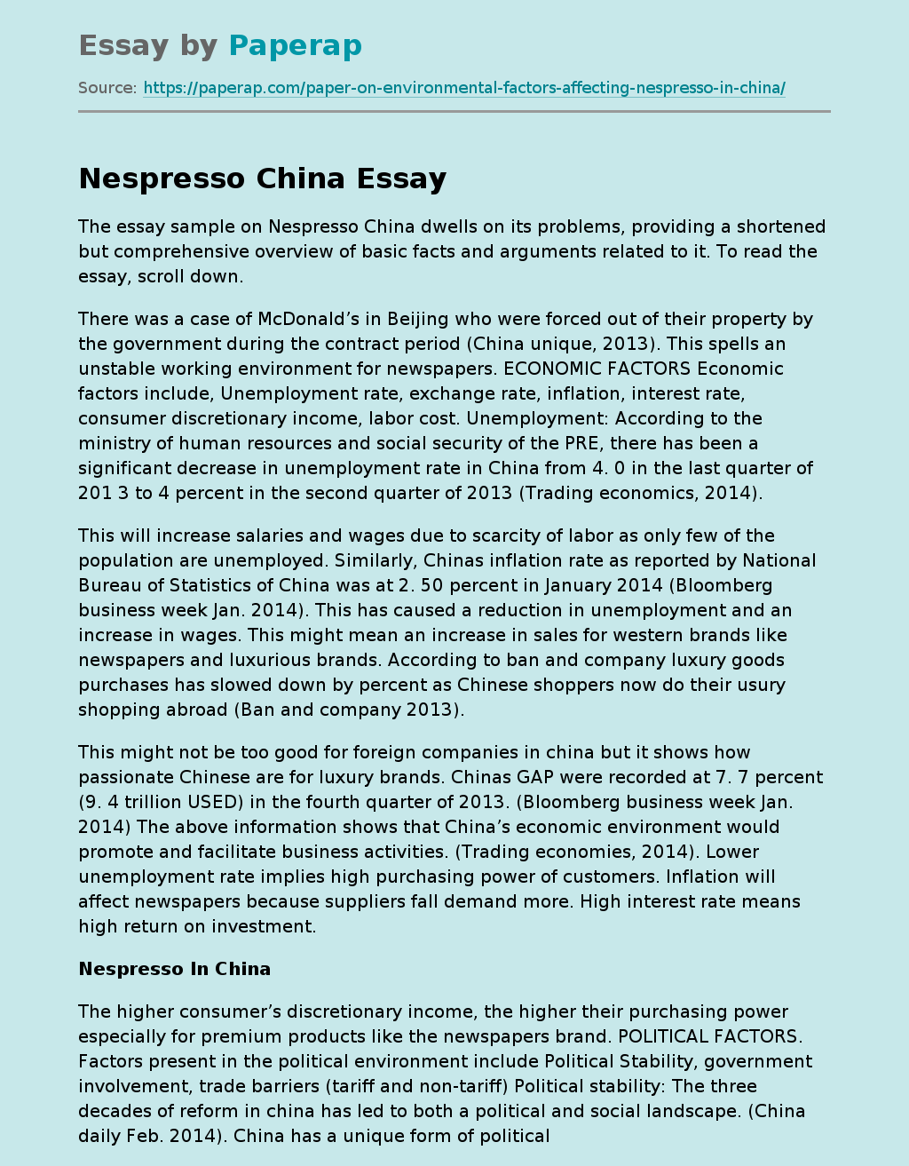 Essay Sample on Nespresso China