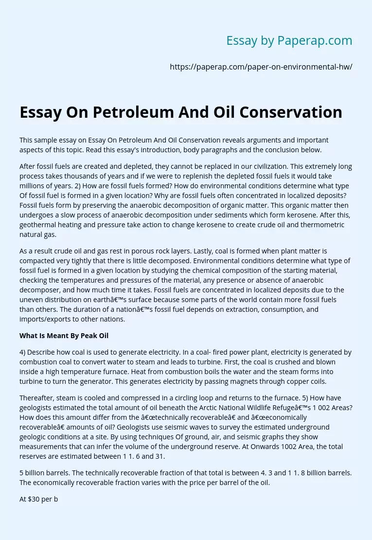 Essay On Petroleum And Oil Conservation