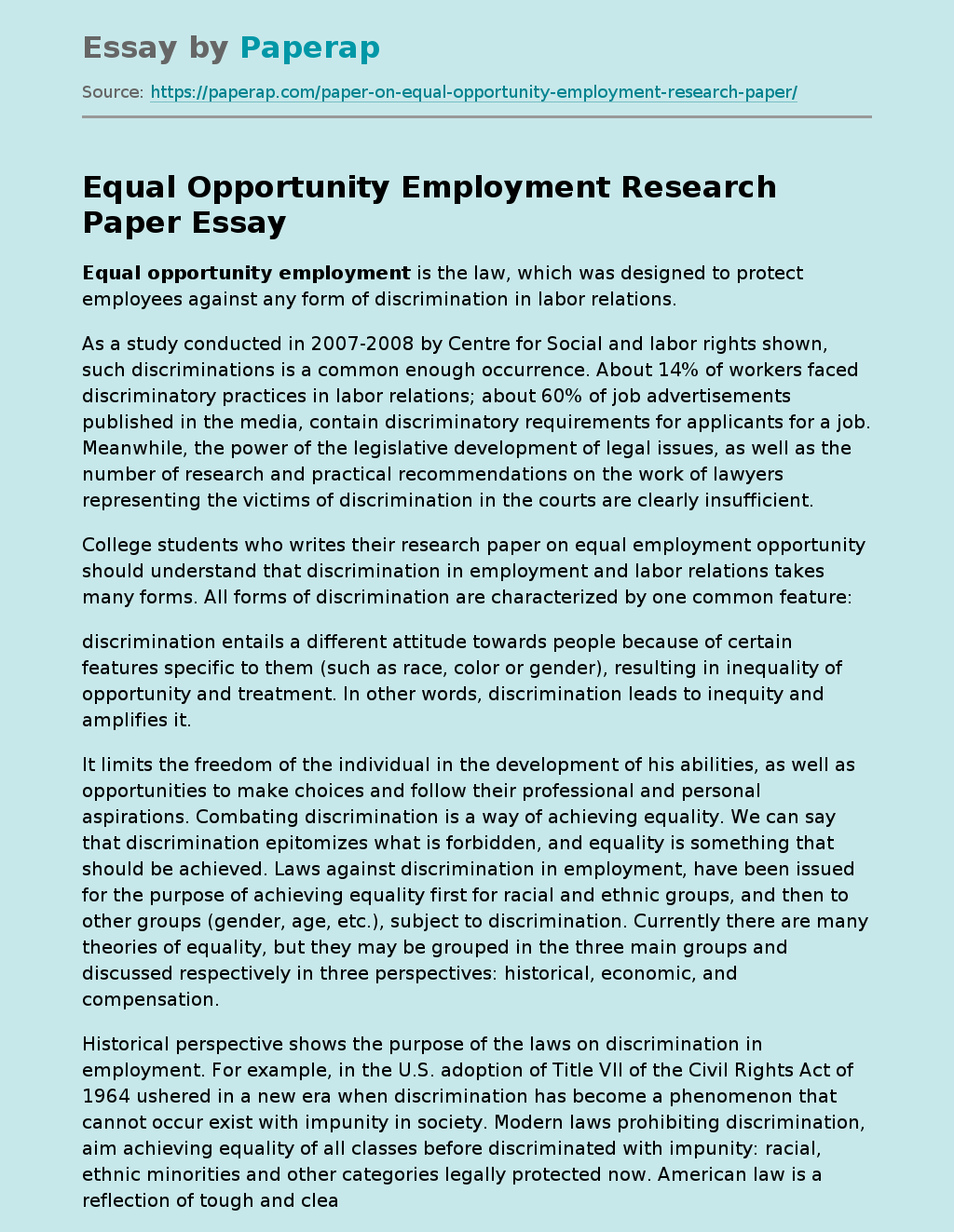 Equal Opportunity Employment Research Paper