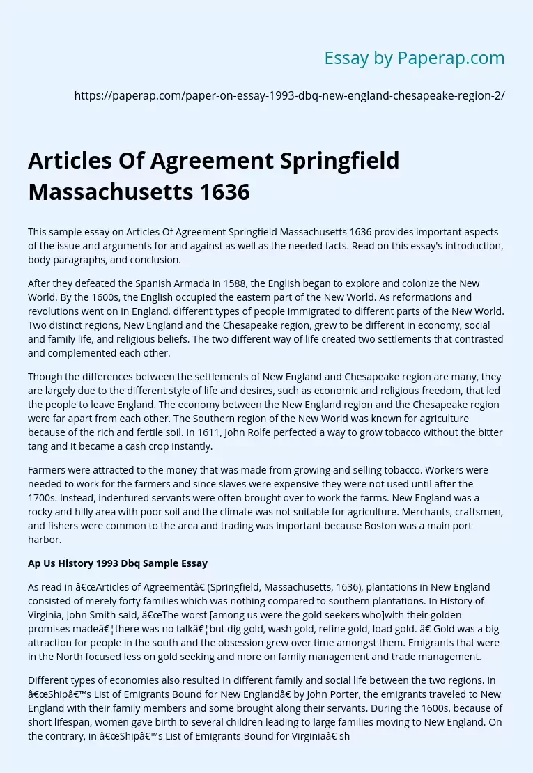 Articles Of Agreement Springfield Massachusetts 1636