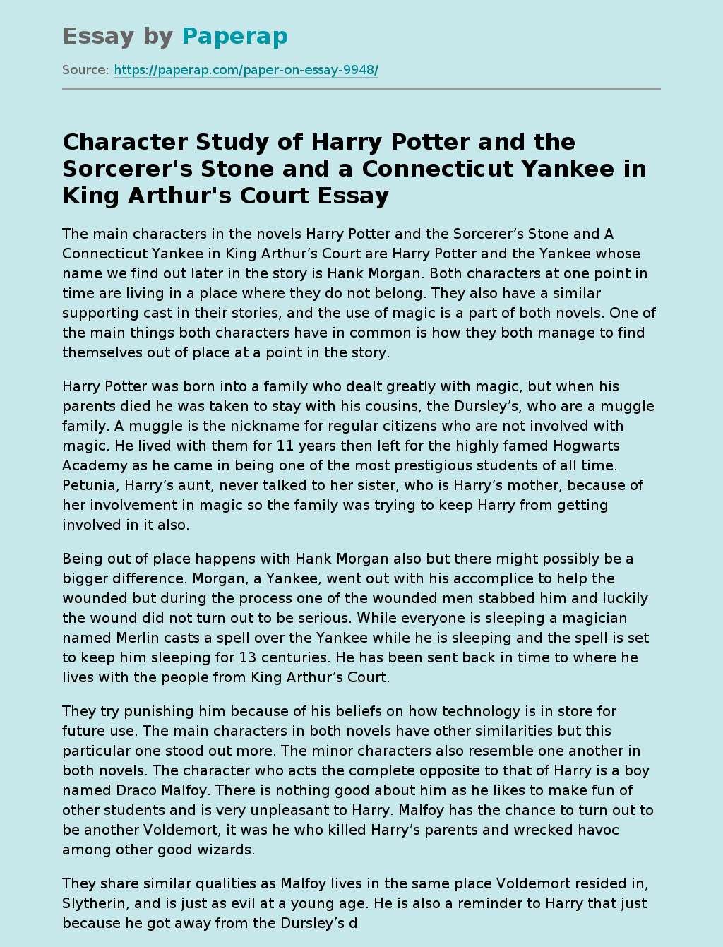 Character Study of "Harry Potter and the Sorcerer's Stone" and "A Connecticut Yankee in King Arthur's Court"