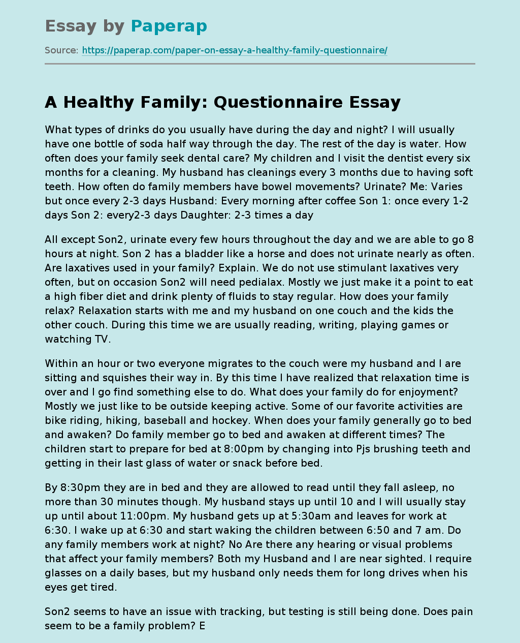 A Healthy Family: Questionnaire