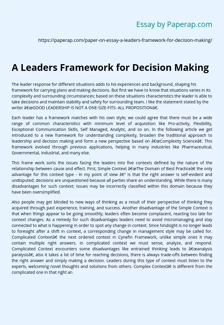 A Leaders Framework for Decision Making