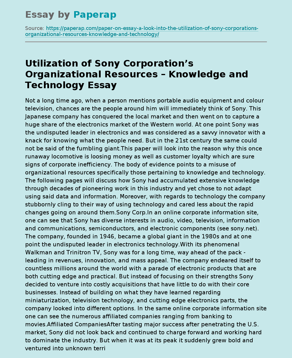 Utilization of Sony Corporation’s Organizational Resources – Knowledge and Technology