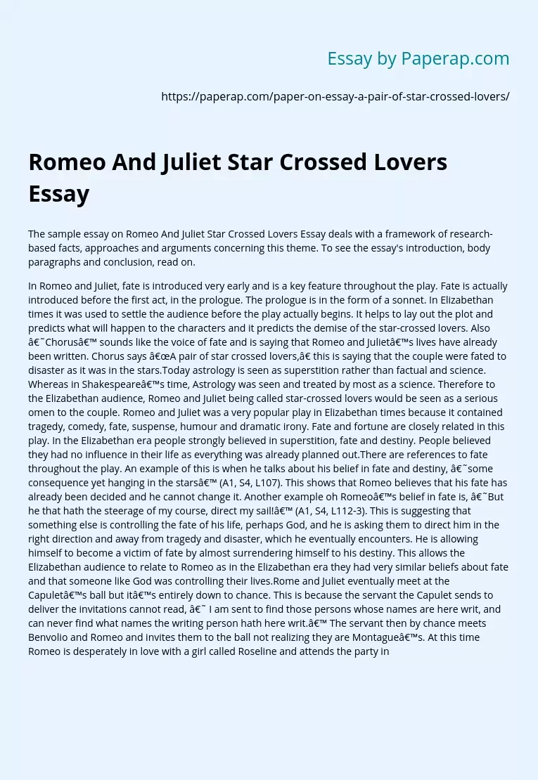 Romeo And Juliet Star Crossed Lovers Essay