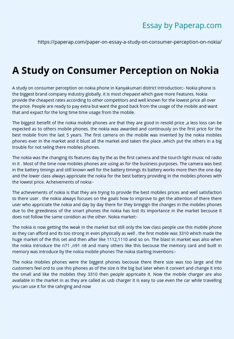 A Study on Consumer Perception on Nokia
