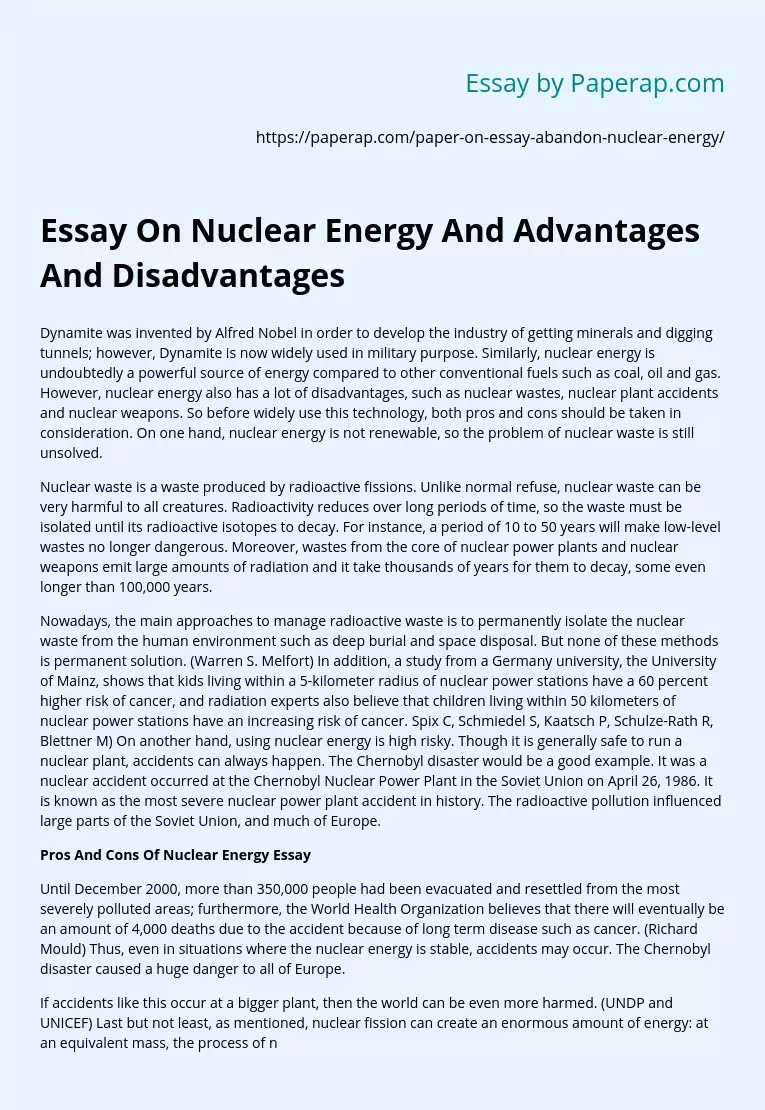 Essay On Nuclear Energy And Advantages And Disadvantages