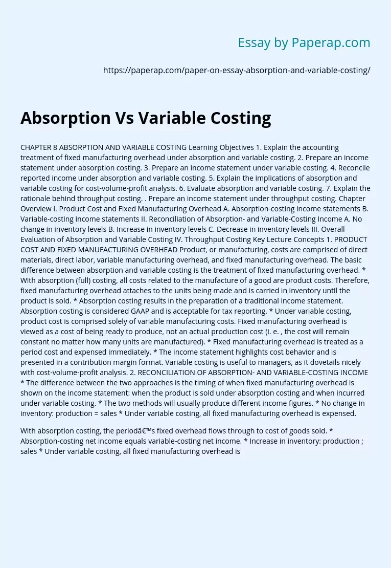 Absorption Vs Variable Costing