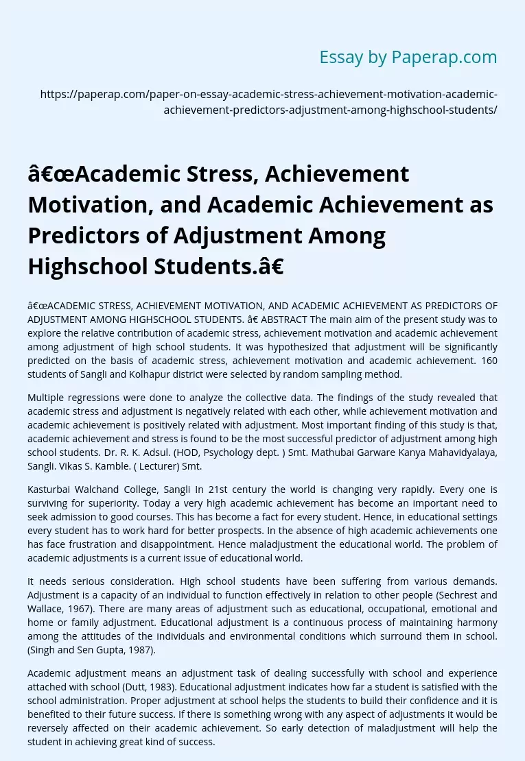 “Academic Stress, Achievement Motivation, and Academic Achievement as Predictors of Adjustment Among Highschool Students