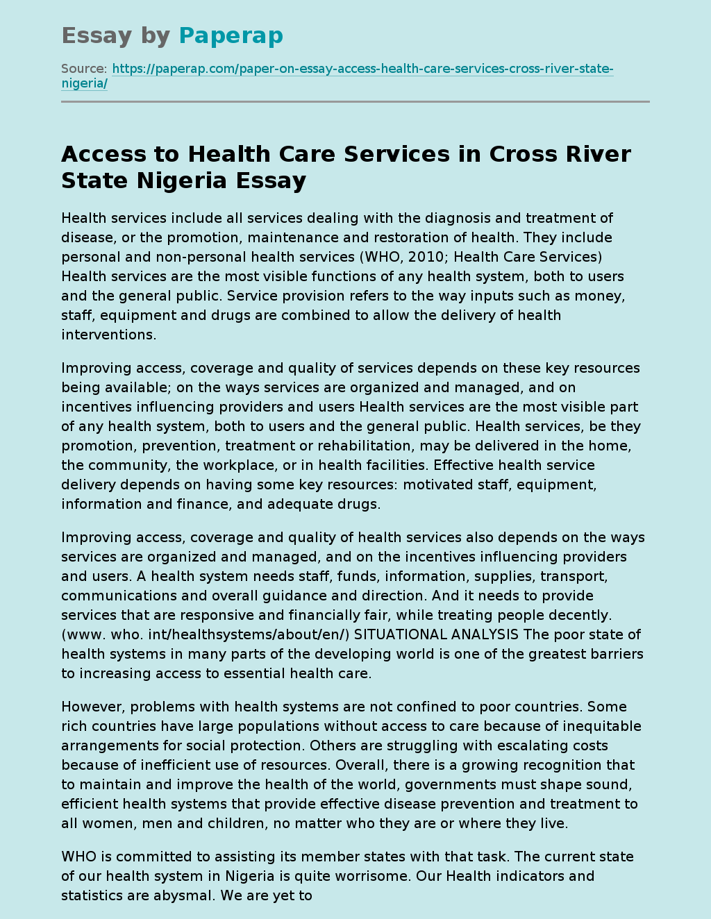 Access to Health Care Services in Cross River State Nigeria