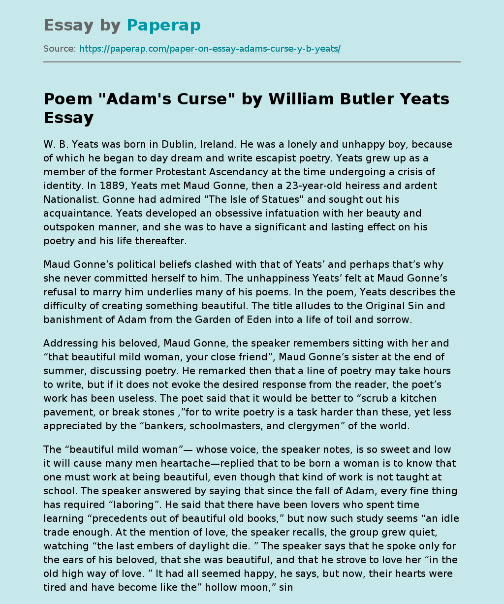 Poem "Adam's Curse" by William Butler Yeats